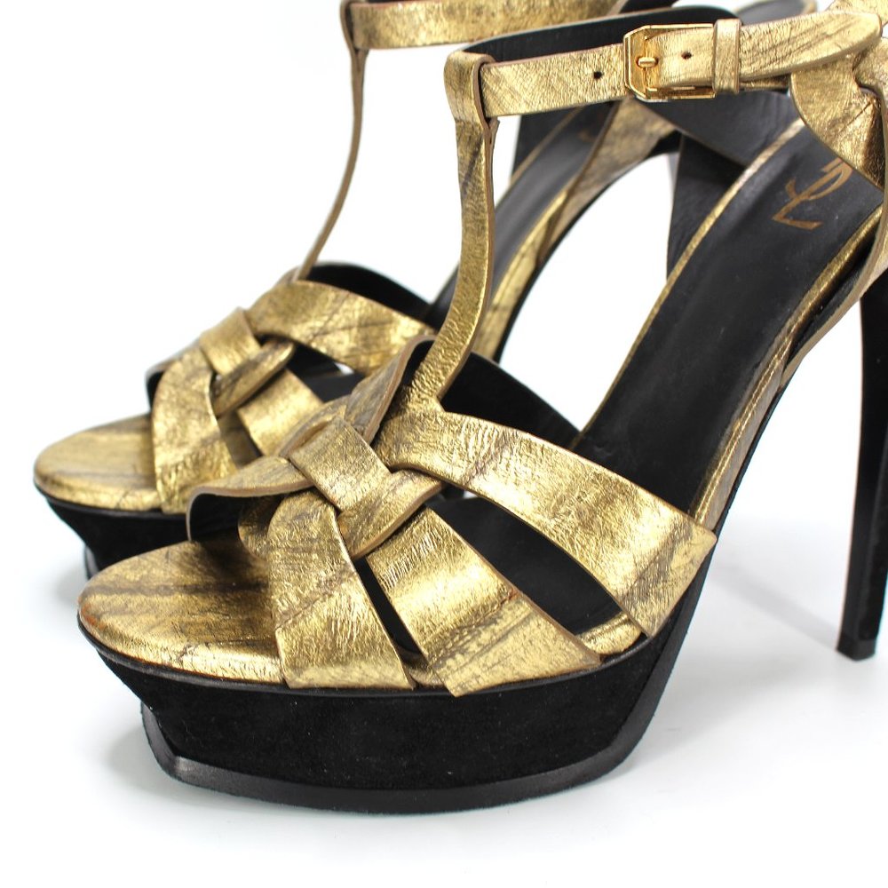 Saint Laurent Tribute Gold Leather Suede Platform Sandal 41 YSL Stiletto Heels - Picture 3 of 8
